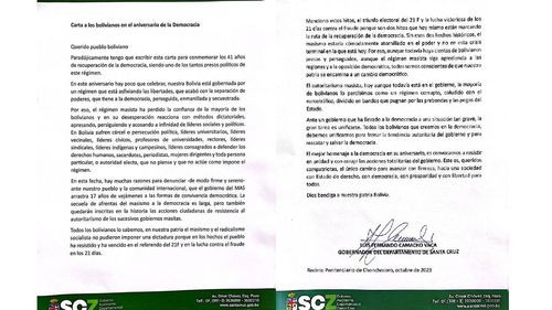 Carta Del Gobernador Luis Fernando Camacho Por Los 41 Años De Democracia