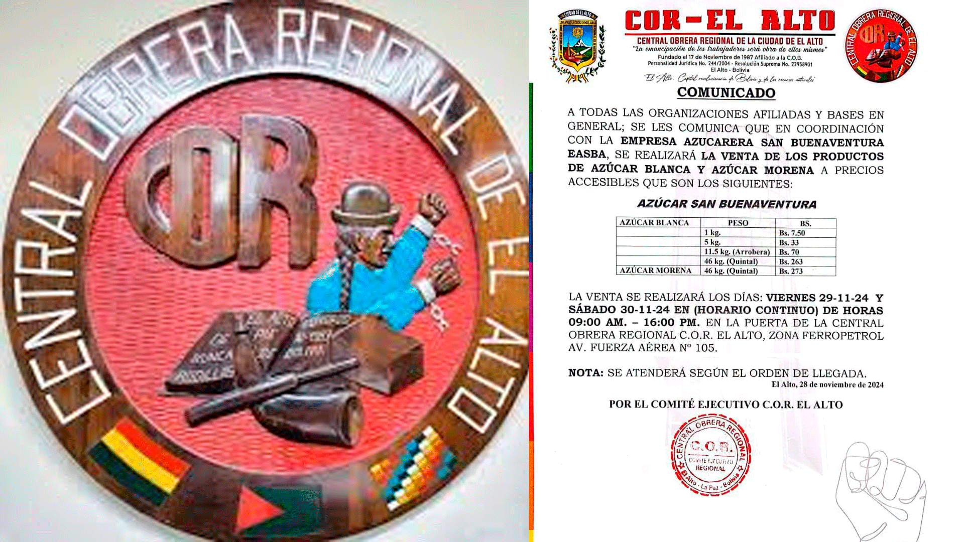 COR El Alto anuncia venta de azúcar a precios accesibles en coordinación con EASBA 