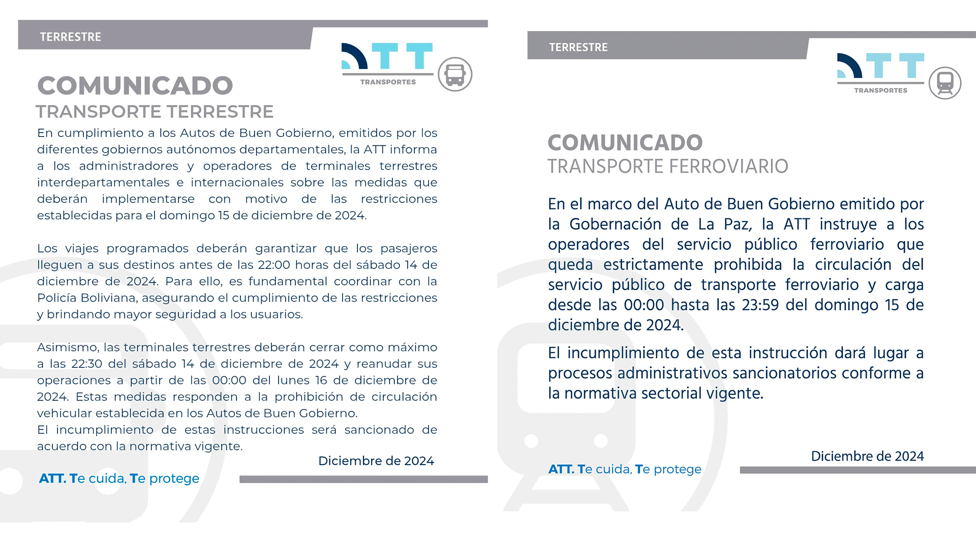 Restricciones de transporte terrestre y ferroviario para el 15 de diciembre 