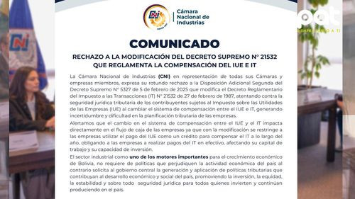 Cámara Nacional de Industrias rechazan modificación de decreto que afecta compensación tributaria