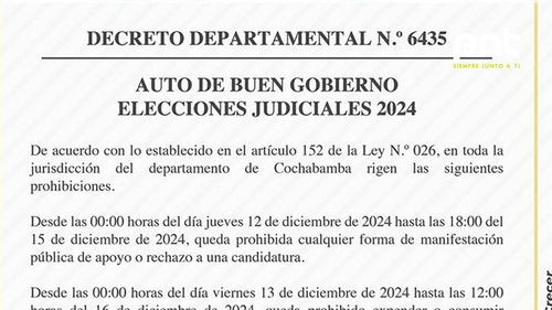 Cochabamba aplicará restricciones de alcohol y horarios comerciales durante elecciones