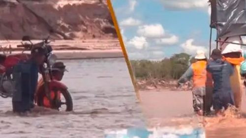 Vecinos de Colpa Bélgica cruzan el Río Piraí entre motos al hombro y sillas improvisadas