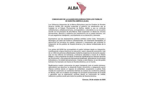 ALBA suspende a Bolivia por “conducta proimperialista” tras declaraciones de Rodrigo Paz ALBA suspende a Bolivia por “conducta proimperialista” tras declaraciones de Rodrigo Paz