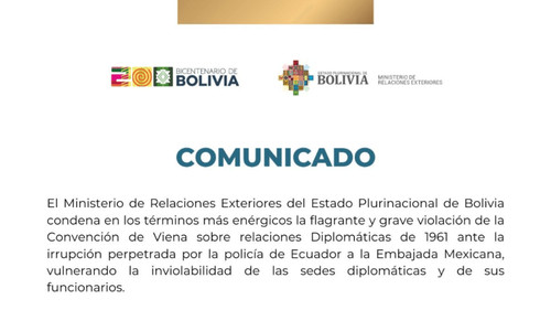 Bolivia condena irrupción en la embajada de México en Ecuador