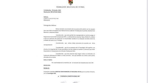 Suspenden nuevamente el partido entre Gran Mamoré y Nacional Potosí