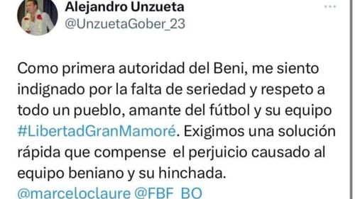 Beni: Gobernador Unzueta se pronuncia por suspensión de partido por segunda vez