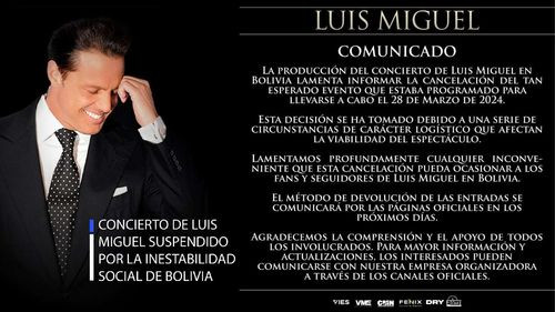 Inestabilidad social en Bolivia obliga a suspender el concierto de Luis Miguel