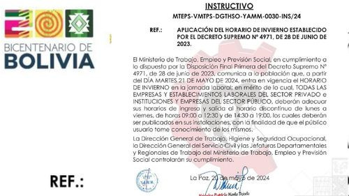 Implementación del Horario de Invierno según el Decreto Supremo N° 4971