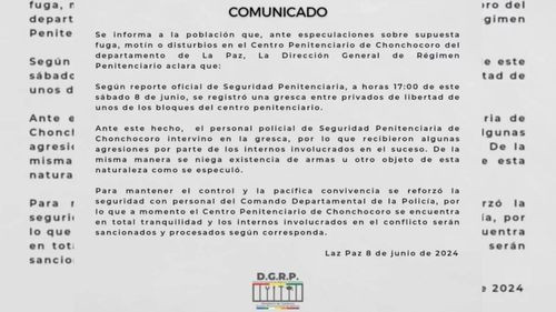 Descartan intento de motín en Chonchocoro; Solo fue una ¨gresca¨ entre internos