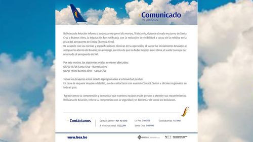 Comunicado de Boliviana de Aviación: Reducción de visibilidad afecta vuelos a Buenos Aires