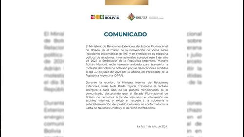  Bolivia convoca al embajador argentino por declaraciones de la oficina presidencial de Argentina