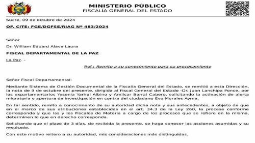 Fiscalía instruye activar alerta migratoria contra evo morales e iniciar nueva investigación