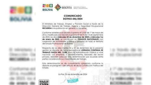 Ministerio de Trabajo establece jornada continua para días previos a fin de año