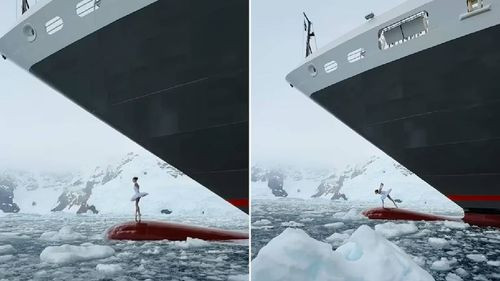 Bailarina desafía los límites al danzar sobre las aguas heladas de la Antártida.