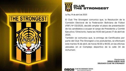 The Strongest: amplían plazo para inscripción de candidaturas hasta el jueves 17 de abril