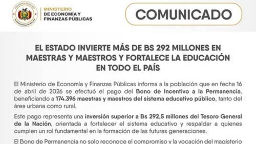 Estado invierte Bs 292,5 millones para el pago del Bono de Incentivo a la Permanencia a maestros