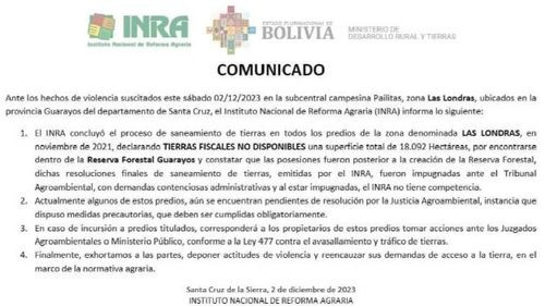 INRA Emite Comunicado Tras Enfrentamientos en Las Londras por conflictos de Tierras