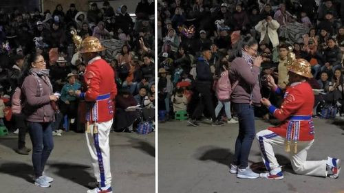 Al ritmo de la morenada, un músico pide matrimonio a su novia en una entrada folclórica Ch&#039;utillos