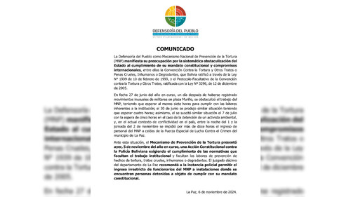 Defensoría del Pueblo denuncia obstáculos al MNP y presenta acción constitucional