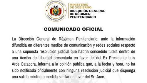 Régimen penitenciario niega haber recibido una resolución para salida médica de Luis Arce