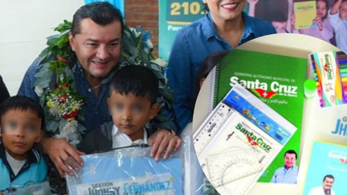 Imagen de Jhonny Fernández en el paquete de útiles que beneficiará a 210 mil estudiantes de primaria en la capital cruceña