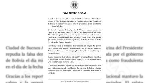 Argentina repudia denuncia de Golpe de Estado en Bolivia
