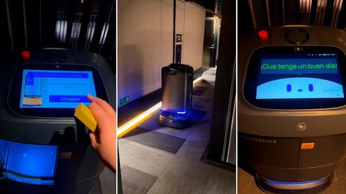 Joven chilena recibe cepillo de dientes de un robot en un hotel de Santiago