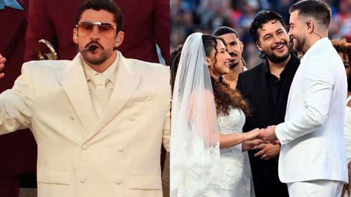 Boda inolvidable: pareja se casa  en el Super Bowl con Bad Bunny  como testigo