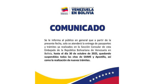 Embajada de Venezuela en Bolivia suspende trámites consulares y citas de SAIME y Apostilla