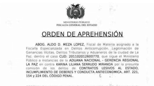 Ministerio Público emite orden de aprehensión contra Karina Liliana Serrudo Miranda