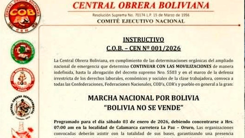  La Central Obrera Boliviana convoca a movilización indefinida y Marcha Nacional “Bolivia no se vende”