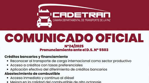 Cadetran se pronuncia sobre el Decreto Supremo 5503