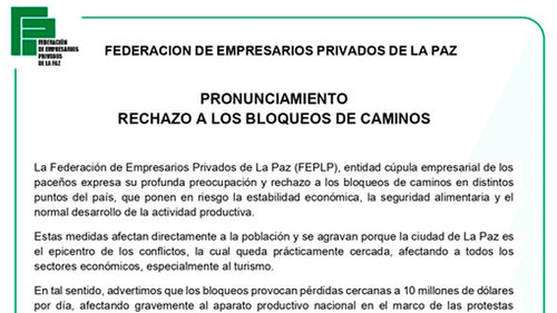 Empresarios de La Paz rechazan bloqueos y advierten pérdidas de $us 10 millones por día