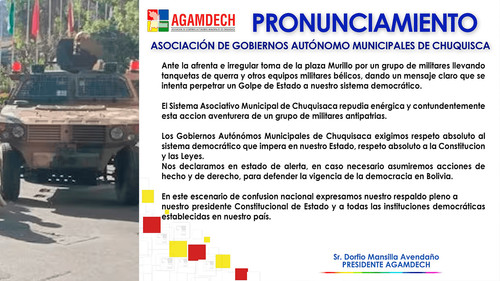 AGAMDECH Condena la Toma Militar de la Plaza Murillo y Afirma su Compromiso con la Democracia