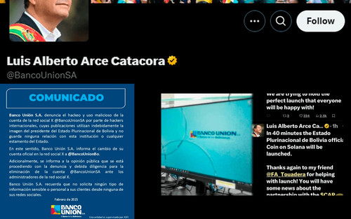 Banco Unión denuncia hackeo de su cuenta en X