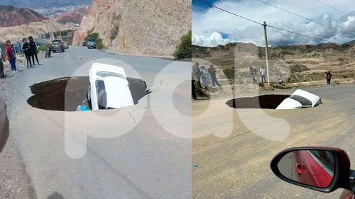 Achocalla sufre los embates de las lluvias: vehículo ingresa a enorme socavón