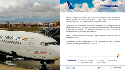 Avión de BoA retorna al aeropuerto de El Alto tras falla en sistema de presurización