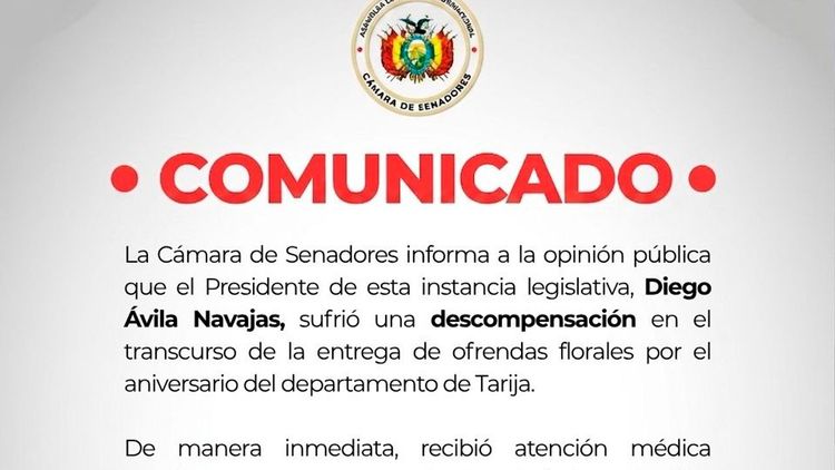 Presidente del Senado, Diego Ávila, sufre descompensación durante actos protocolares en Tarija