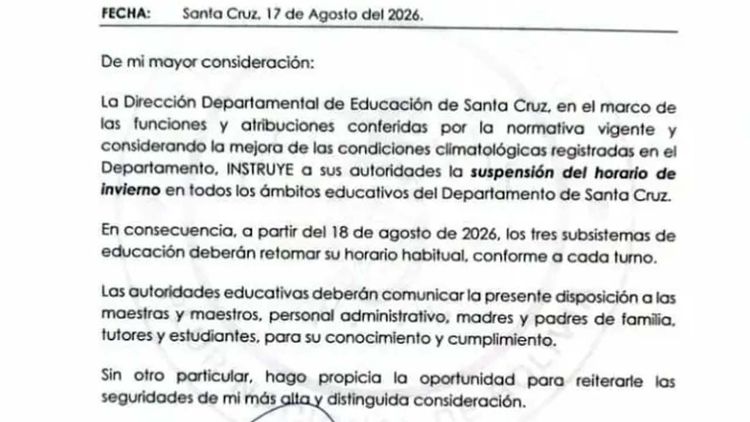 Santa Cruz suspende el horario de invierno desde este martes 18 de agosto