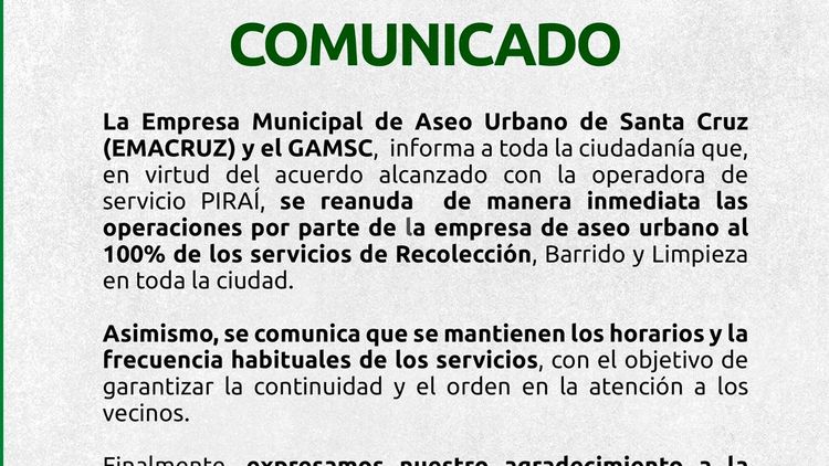 EMACRUZ y Alcaldía de Santa Cruz normalizan el servicio de aseo urbano al 100%